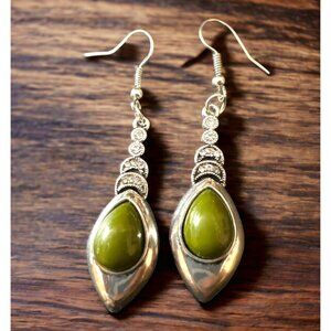 Long Silver Dangle Hook Earrings with Faux Diamonds & Olive Green Stones
